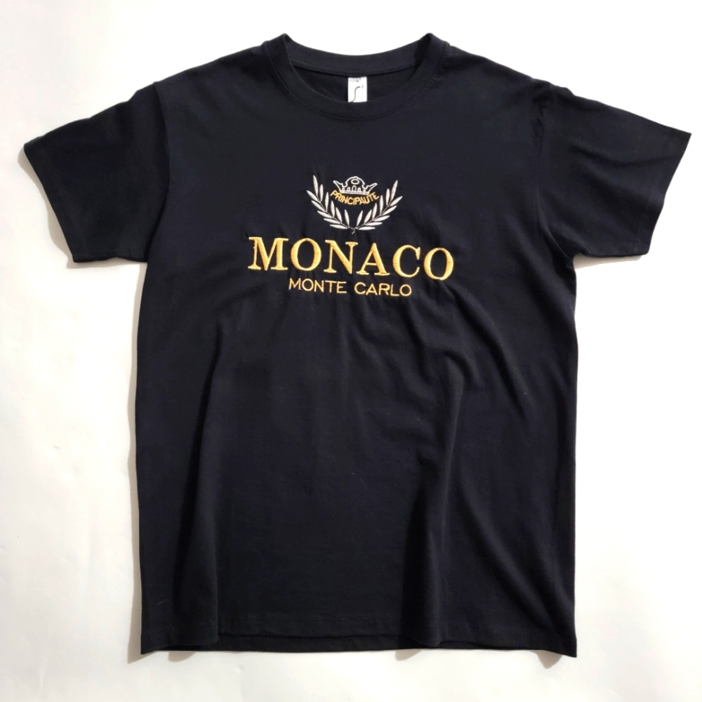 Vintage "MONACO Monte Carlo" Black tee with Gold & Silver embroidery.